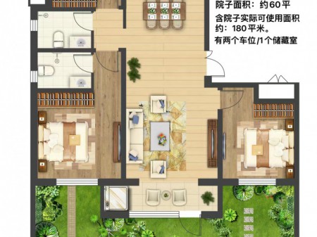 青建金樾府1楼带小院毛坯房新房未装修，面积136平3室2厅2卫带小院60多平，带车位2个，有储藏1个